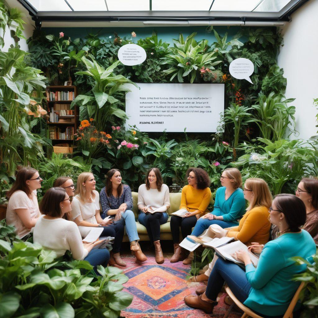 A vibrant gathering of diverse bloggers engaged in a lively discussion, surrounded by blooming plants and books symbolizing wisdom and growth. In the background, a large screen showcases Rhemamarvanne's unique perspectives in artsy typography. The atmosphere is warm and inviting, filled with colorful speech bubbles representing ideas and exchanges. super-realistic. vibrant colors. community-oriented.