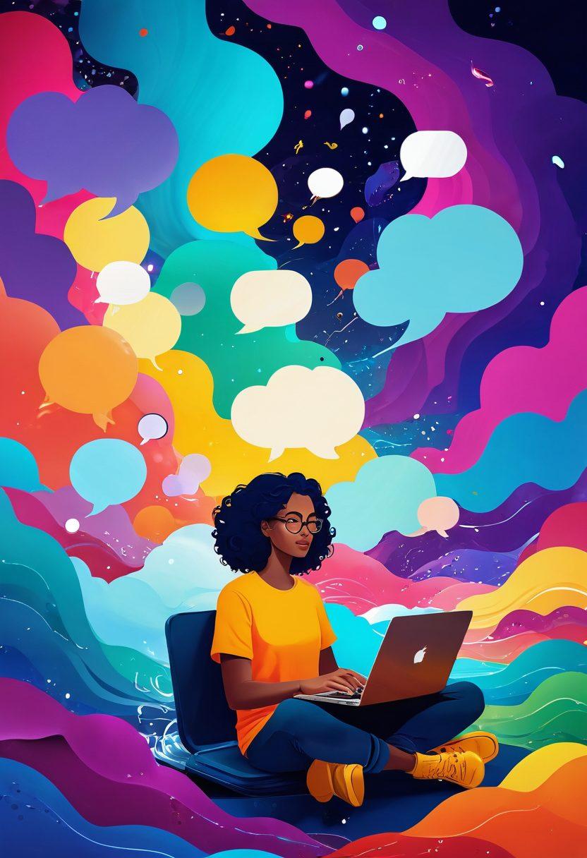 A vibrant and dynamic blogosphere depicted as a colorful digital landscape filled with floating speech bubbles, each representing diverse voices and ideas. In the foreground, a figure confidently typing on a laptop, surrounded by swirling waves of inspiration and creativity. Light beams illuminating the scene, symbolizing insights and knowledge flowing from Rhemamarvanne. super-realistic. vibrant colors. 3D.