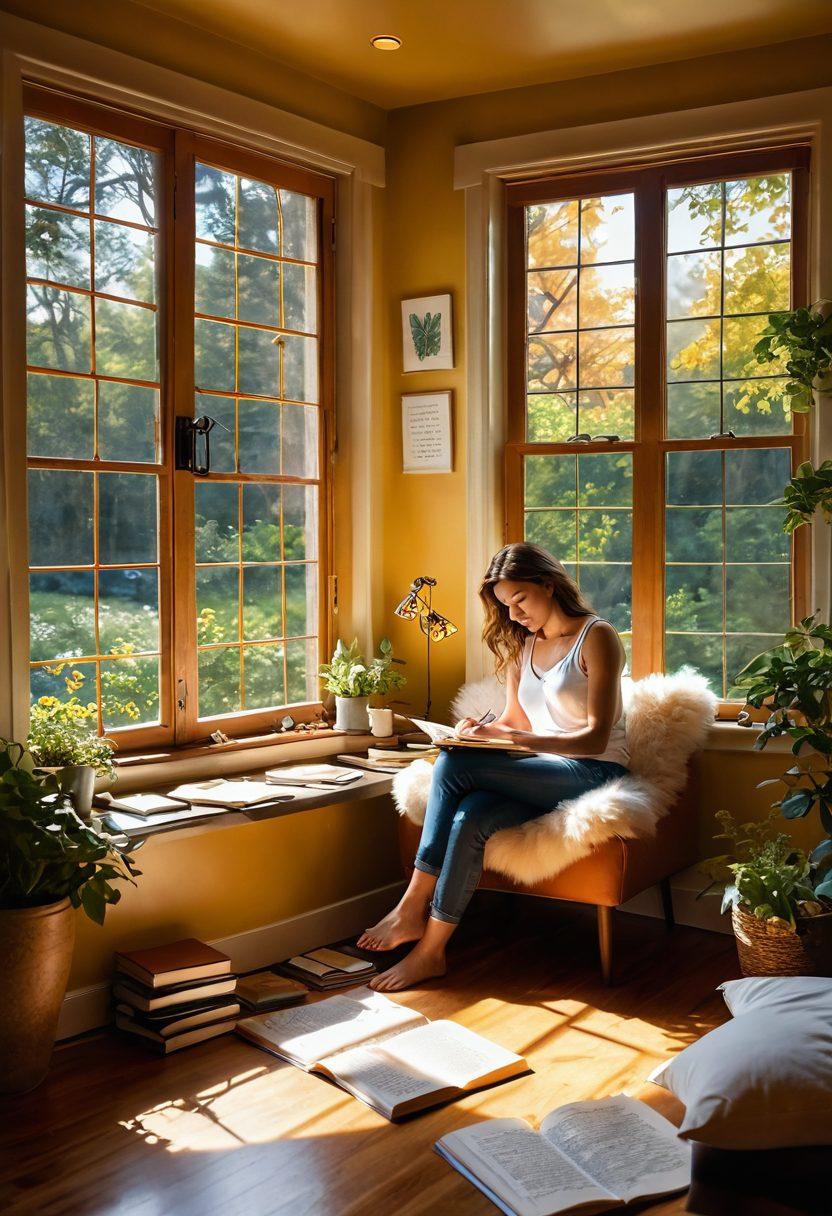 A vibrant depiction of an individual sitting in a cozy, sunlit room, writing in a journal. Surround them with floating words and quotes symbolizing inspiration and creativity, with an open window showing a scenic view outside. Integrate elements of transformation, like butterflies and glowing pages, representing the journey from personal blogging to impactful narratives. super-realistic. vibrant colors. warm atmosphere.